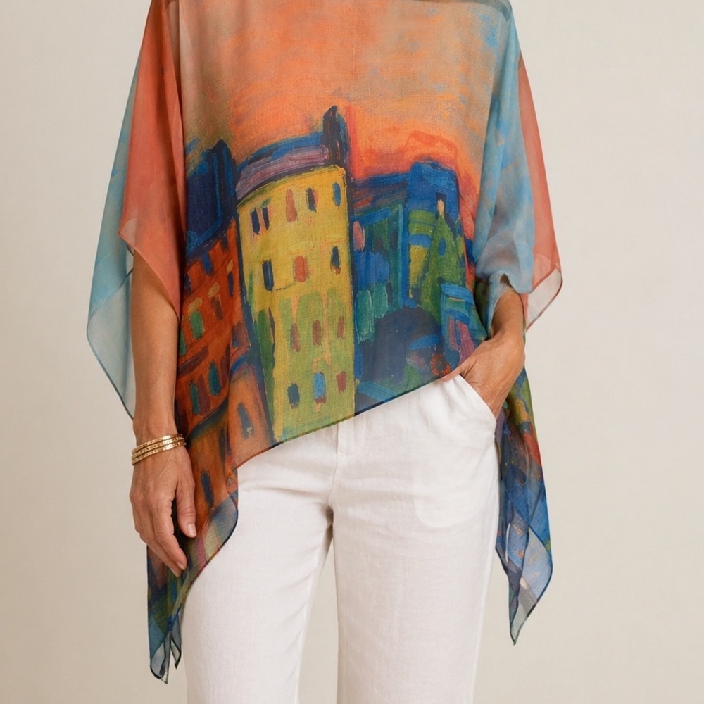 Jade Sheer Poncho Top S/M Impressionist Cityscape Art Print Handkerchief Hem